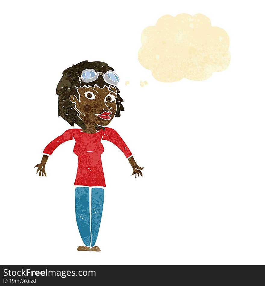 cartoon woman wearing goggles with thought bubble