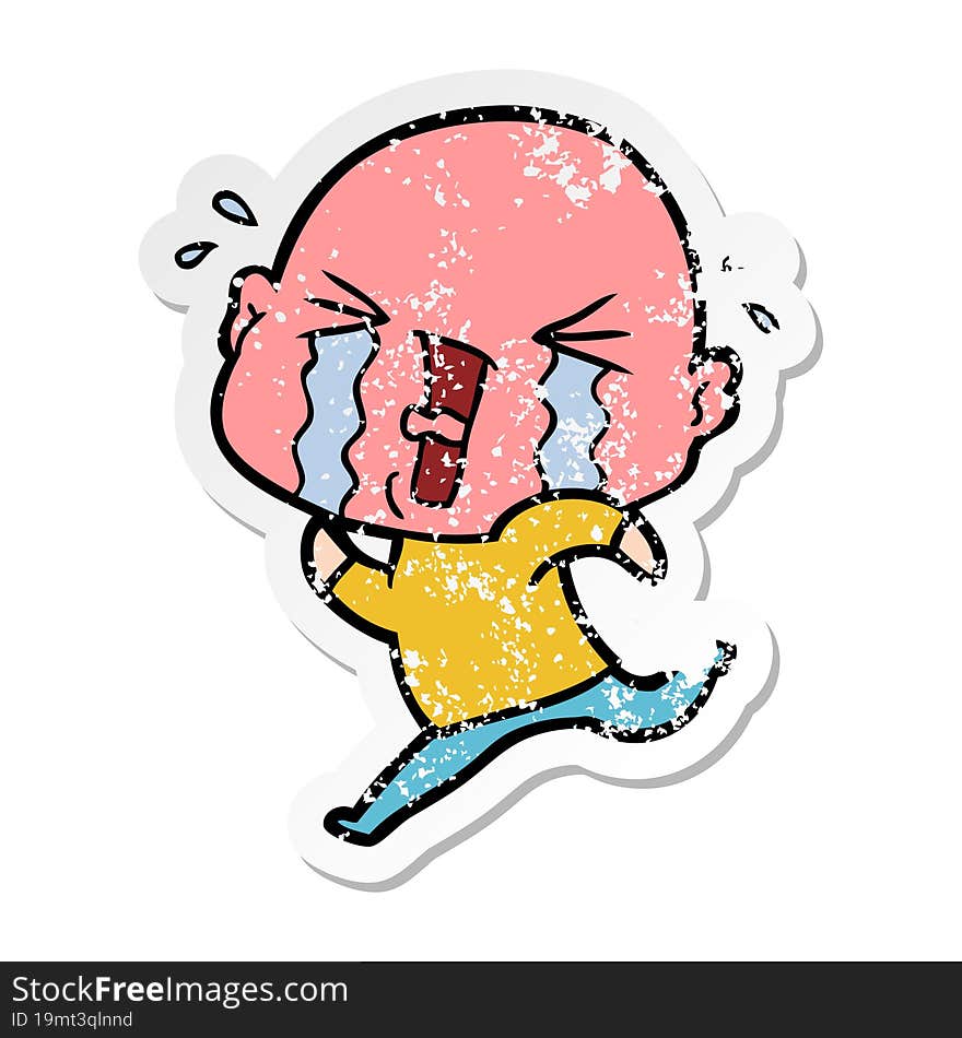 distressed sticker of a cartoon crying bald man