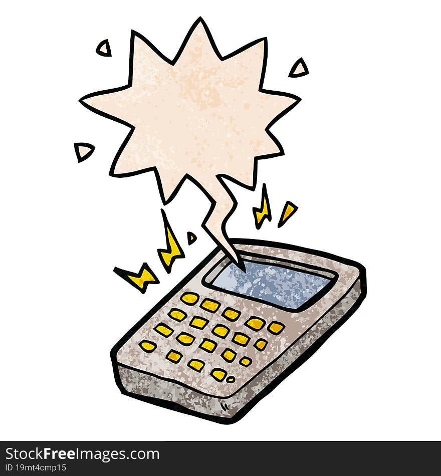 cartoon calculator with speech bubble in retro texture style