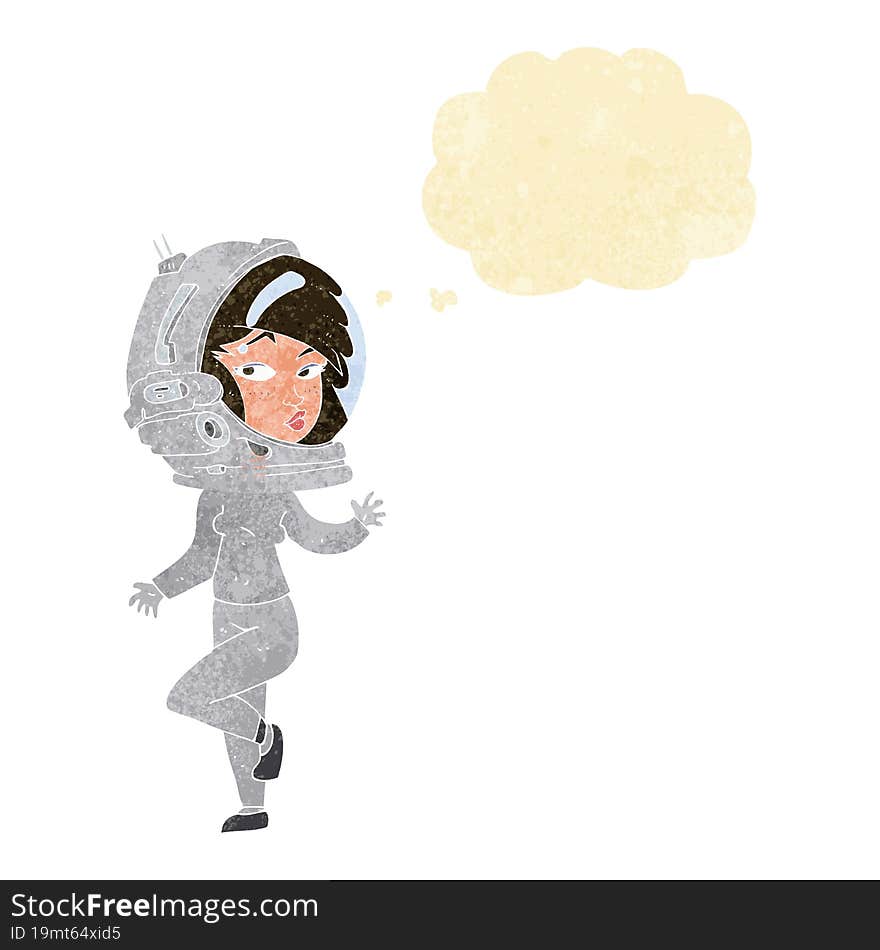 cartoon woman wearing space helmet with thought bubble