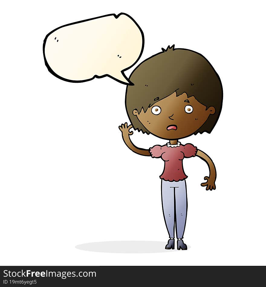 cartoon waving woman with speech bubble