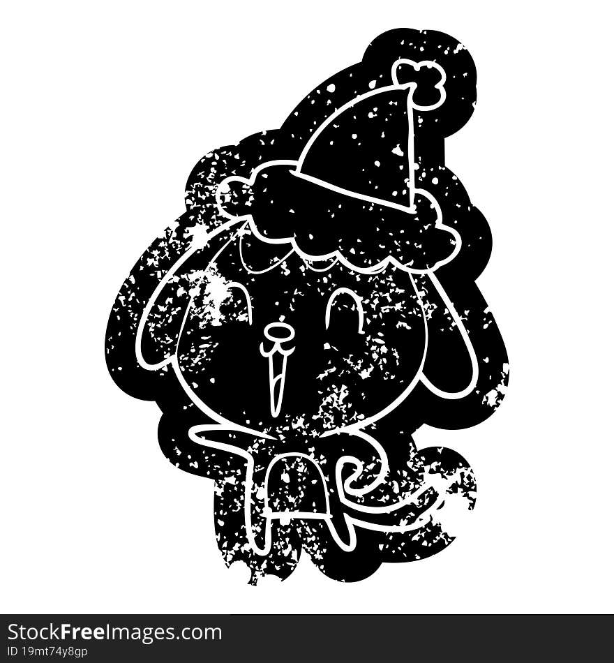 cute cartoon distressed icon of a dog wearing santa hat