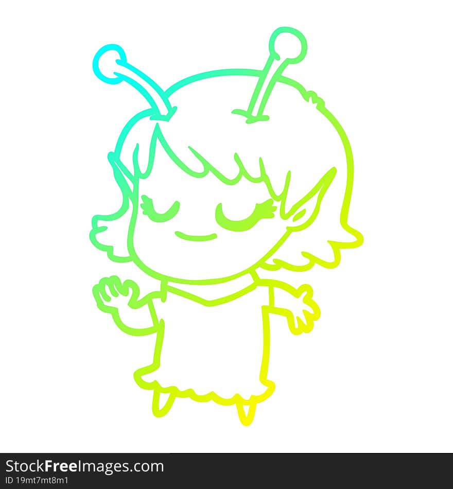 cold gradient line drawing smiling alien girl cartoon