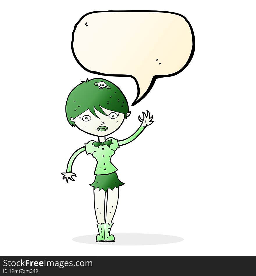 cartoon vampire girl waving with speech bubble