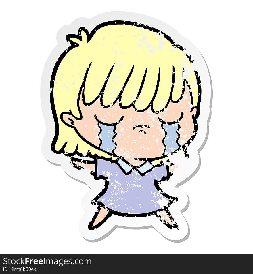 distressed sticker of a cartoon woman crying