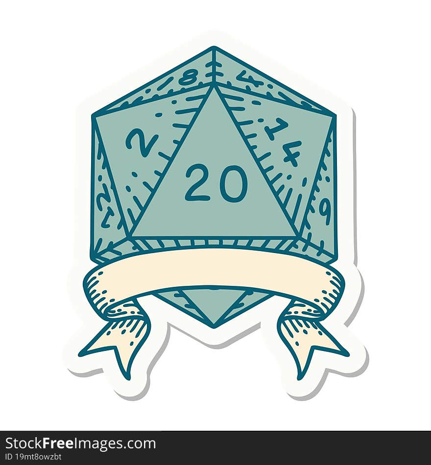 sticker of a natural 20 critical hit D20 dice roll. sticker of a natural 20 critical hit D20 dice roll