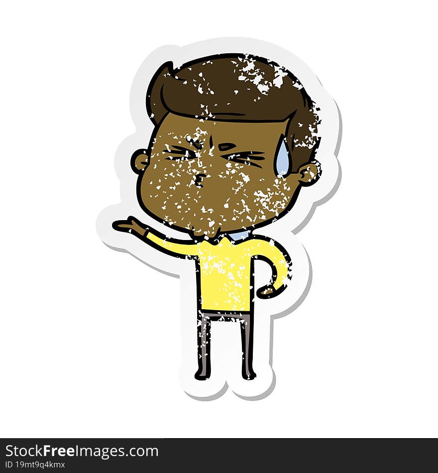 distressed sticker of a cartoon man sweating