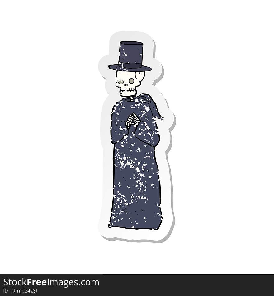 retro distressed sticker of a spooky skeleton man in top hat