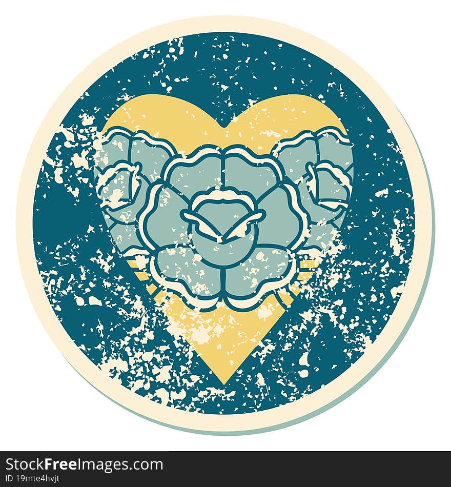 iconic distressed sticker tattoo style image of a heart and flowers. iconic distressed sticker tattoo style image of a heart and flowers