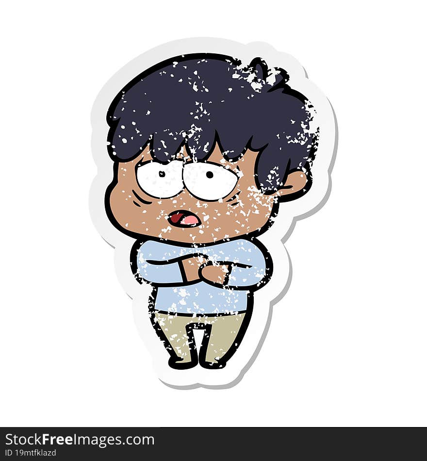 distressed sticker of a cartoon exhausted boy