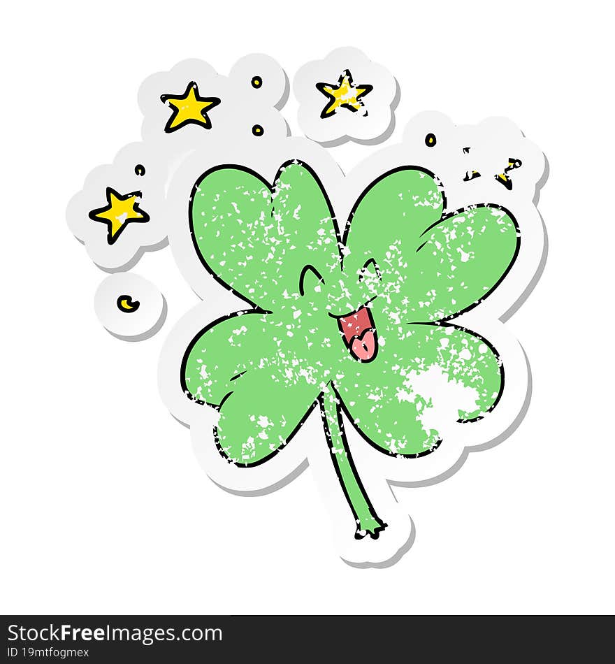 Distressed Sticker Of A Happy Cartoon Four Leaf Clover