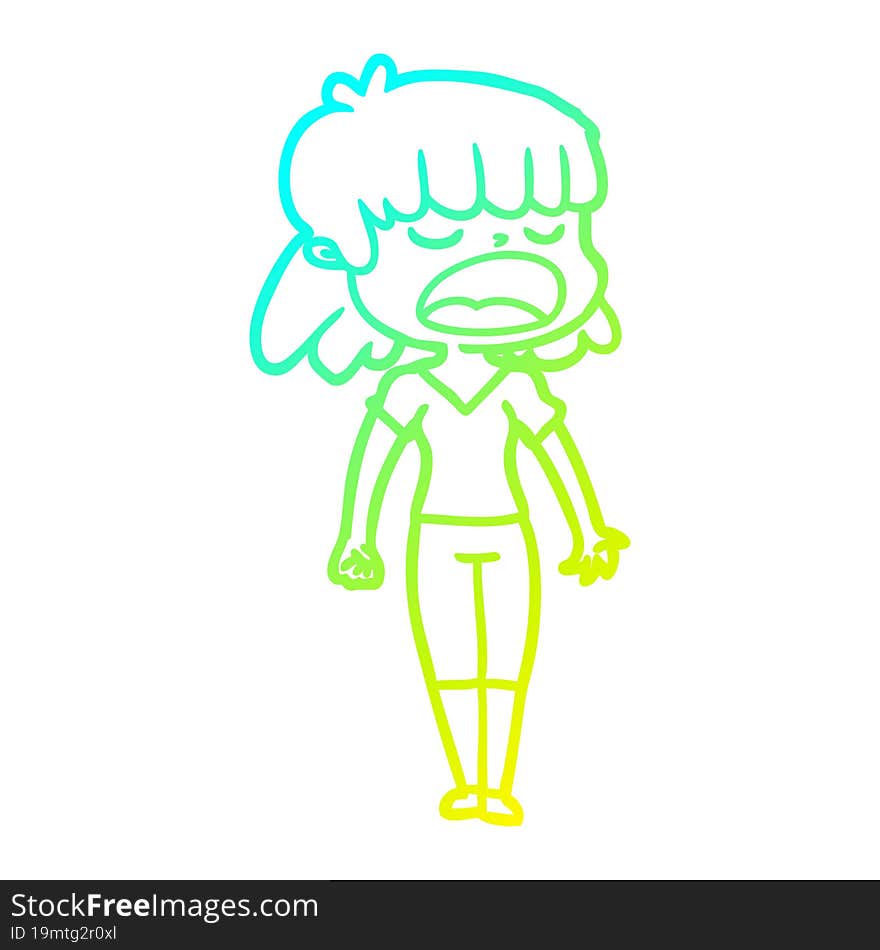 cold gradient line drawing of a cartoon woman talking loudly