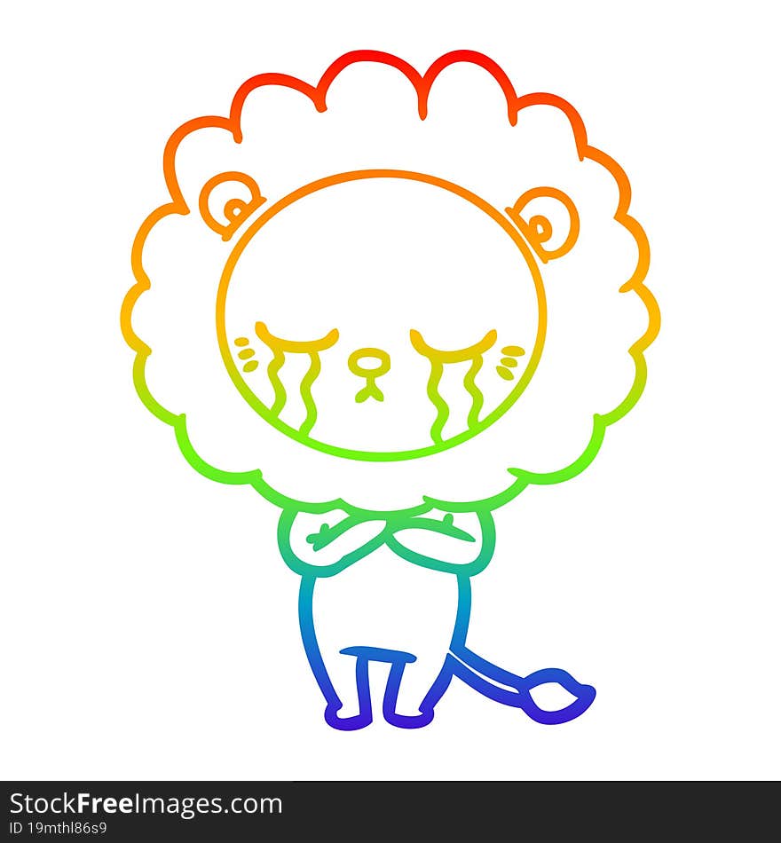 rainbow gradient line drawing of a crying cartoon lion