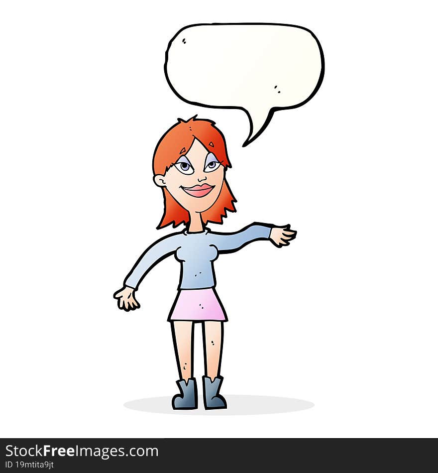 cartoon woman making hand gesture with speech bubble