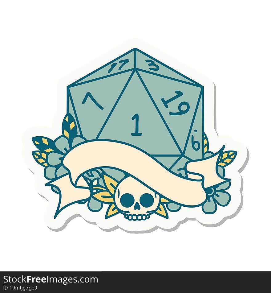 sticker of a natural one d20 dice roll. sticker of a natural one d20 dice roll