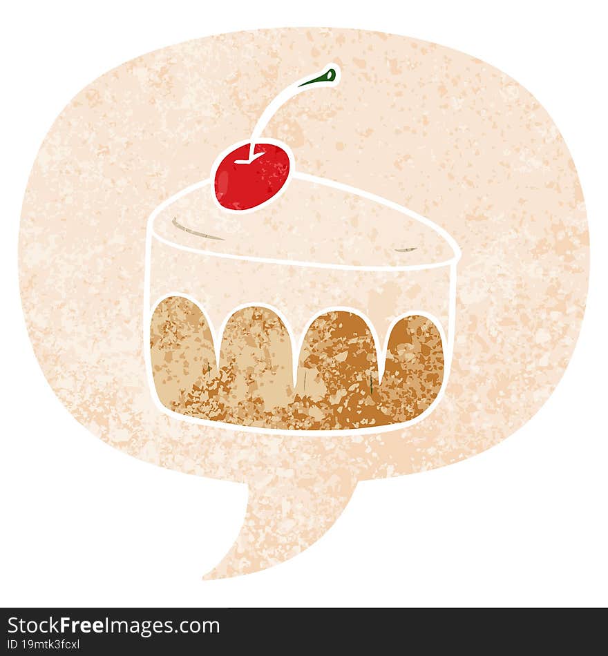 cartoon dessert and speech bubble in retro textured style