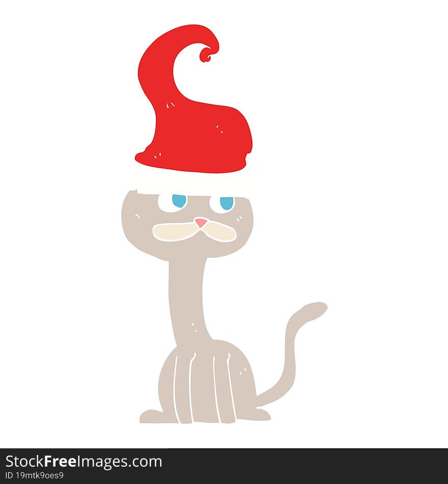 Flat Color Illustration Of A Cartoon Cat Wearing Christmas Hat