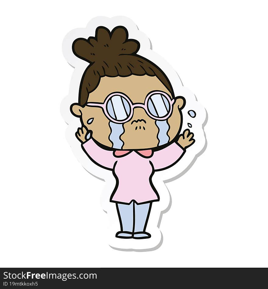 sticker of a cartoon crying woman wearing spectacles