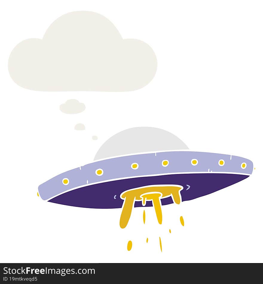 cartoon flying UFO and thought bubble in retro style