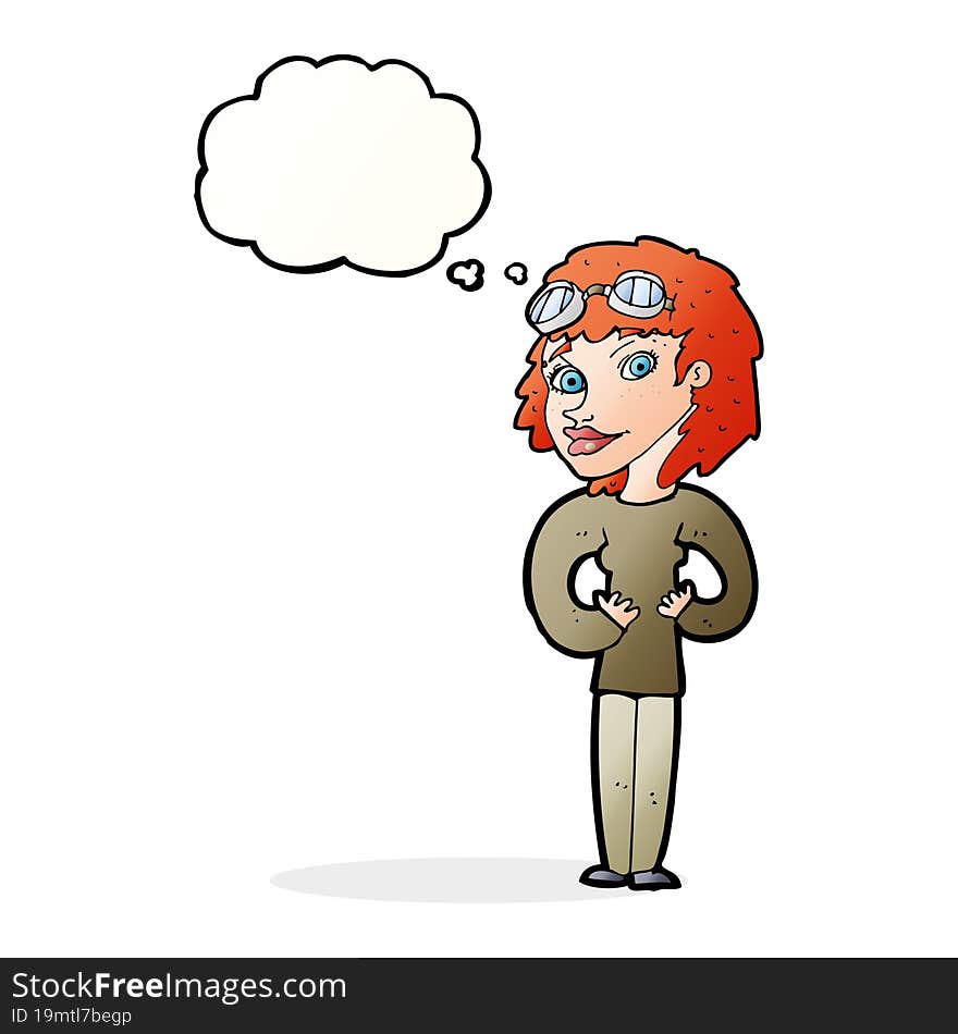 cartoon aviator woman with thought bubble