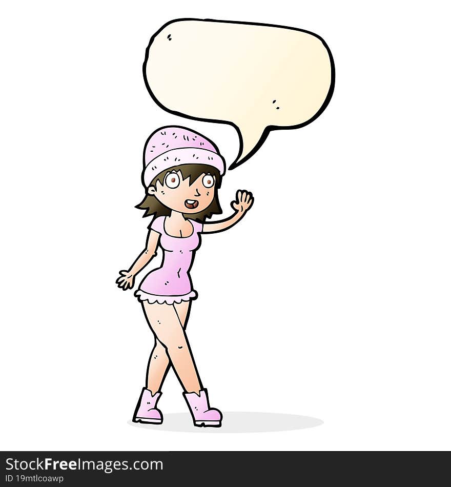 cartoon pretty girl in hat waving with speech bubble