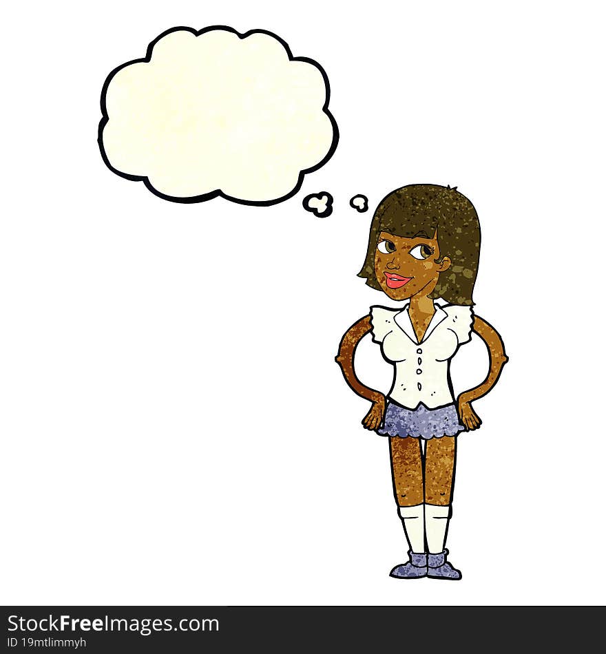 cartoon woman with hands on hips with thought bubble