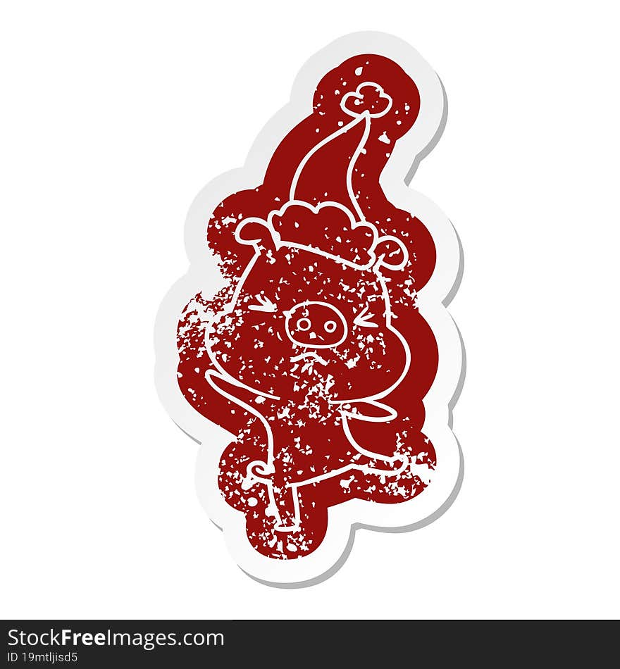 cartoon distressed sticker of a furious pig wearing santa hat