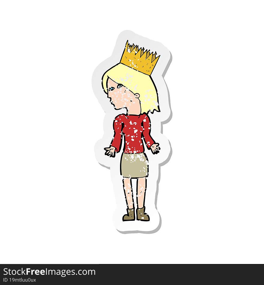 retro distressed sticker of a cartoon woman wearing crown