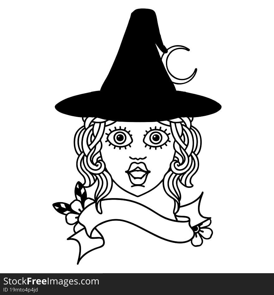 Black and White Tattoo linework Style human witch character face. Black and White Tattoo linework Style human witch character face