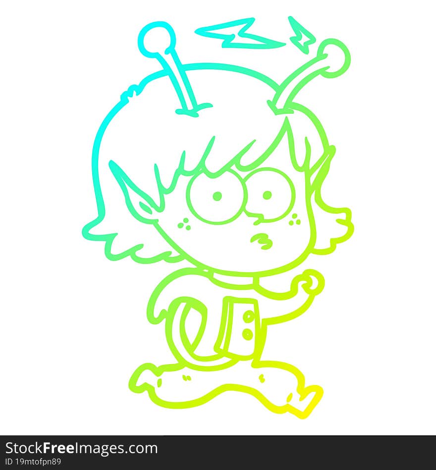 cold gradient line drawing of a cartoon alien girl