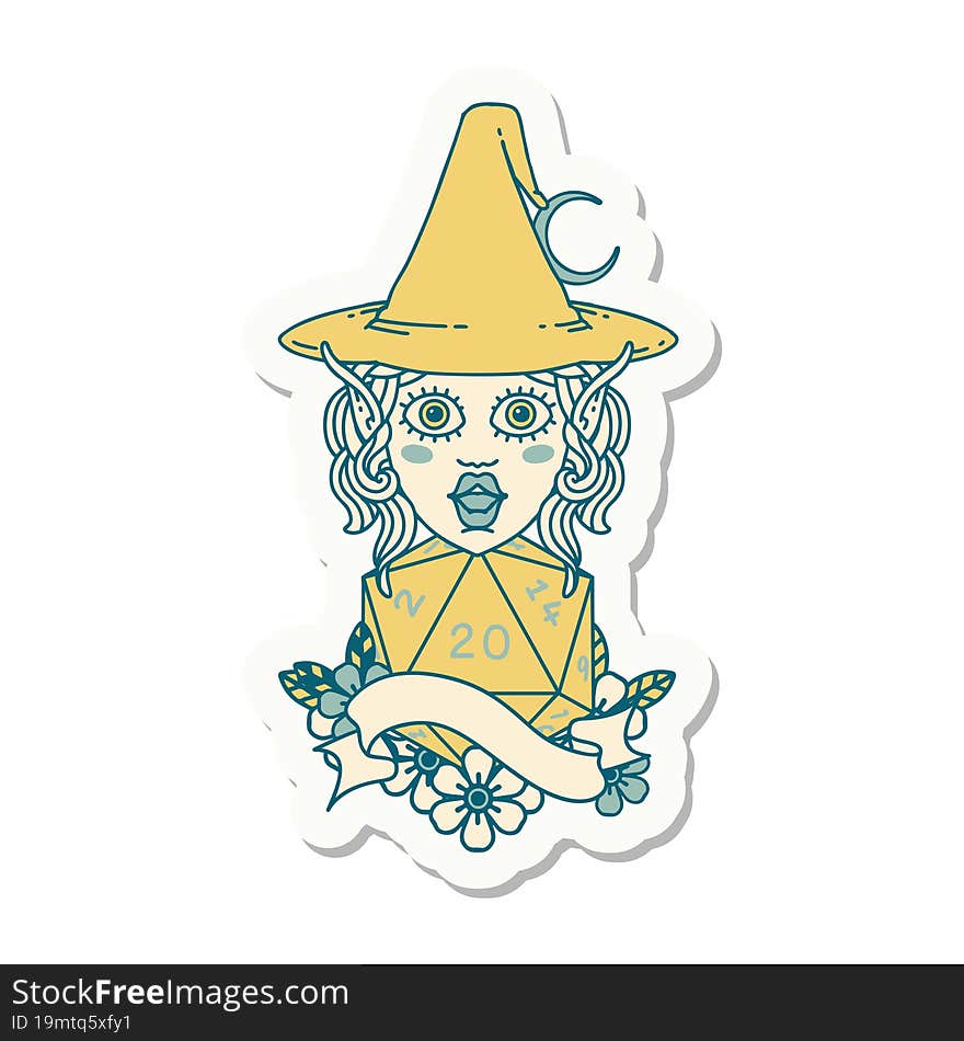 sticker of a elf mage character with natural twenty dice roll. sticker of a elf mage character with natural twenty dice roll