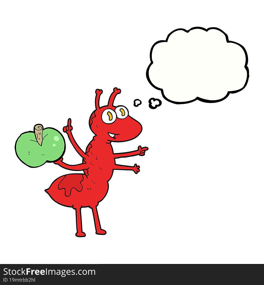 freehand drawn thought bubble cartoon ant with apple