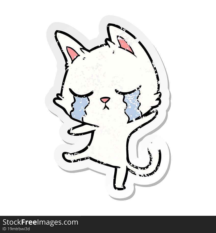 distressed sticker of a crying cartoon cat performing a dance