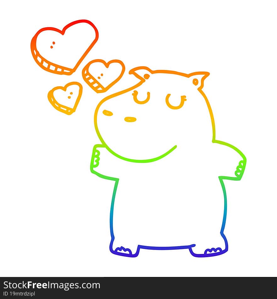 rainbow gradient line drawing of a cartoon hippo in love