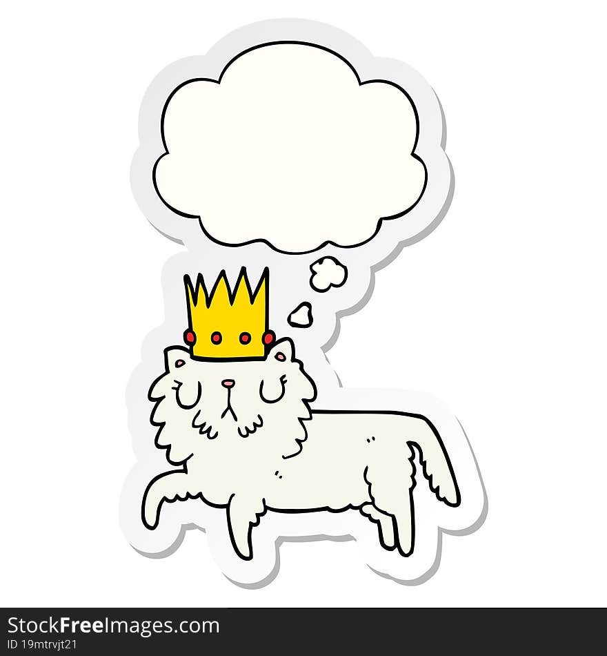 cartoon cat wearing crown and thought bubble as a printed sticker