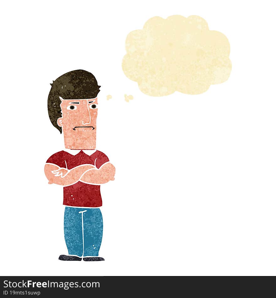 cartoon annoyed man with folded arms with thought bubble