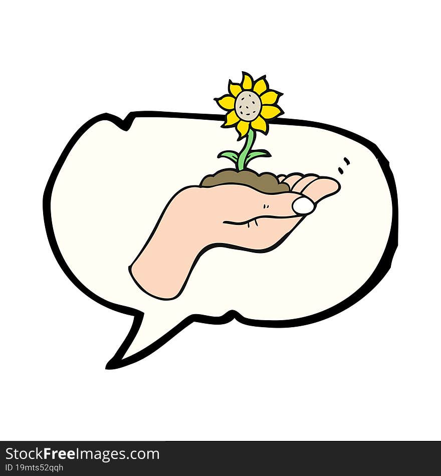 Speech Bubble Cartoon Flower Growing In Palm Of Hand