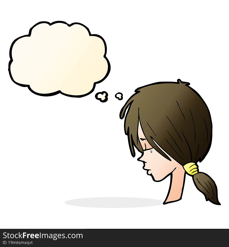 cartoon girl looking thoughtful with thought bubble