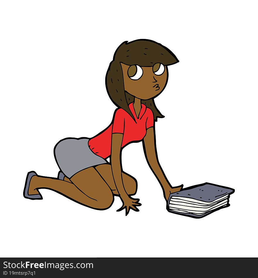 cartoon girl picking up book