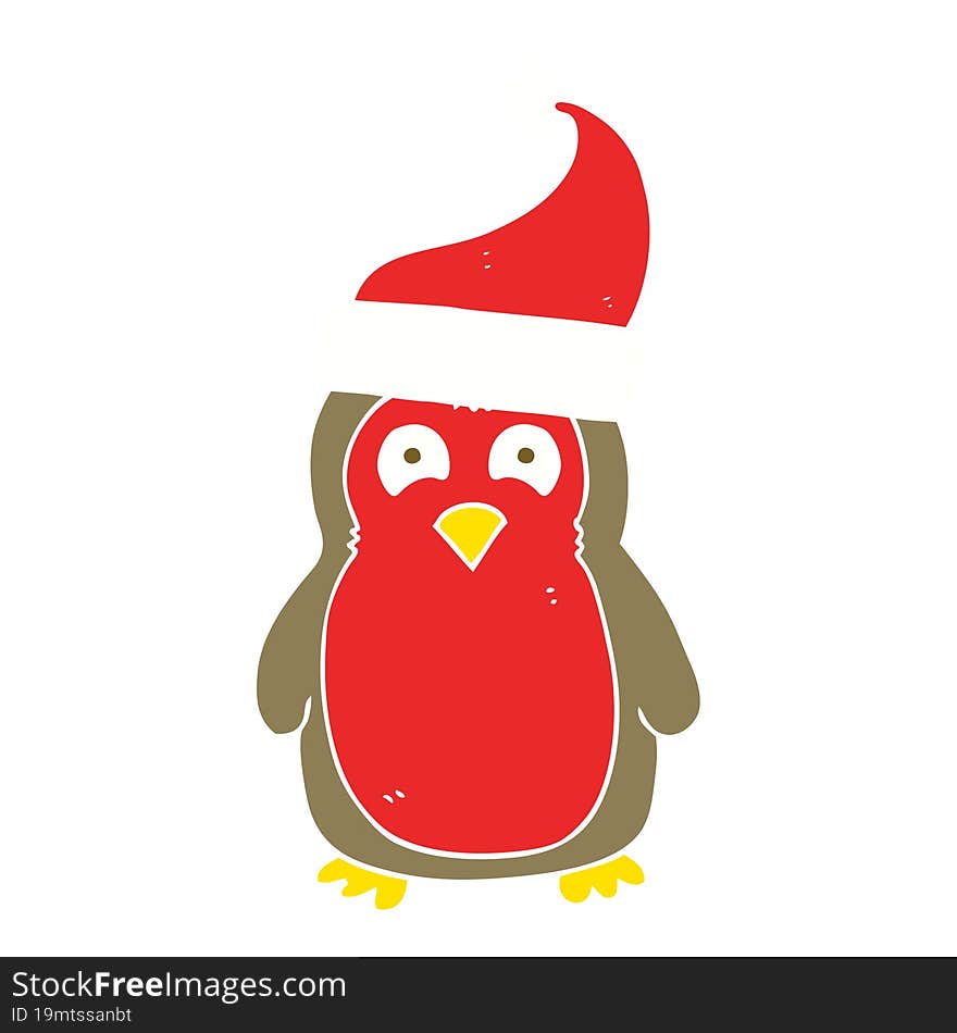 flat color illustration of a cartoon christmas robin wearing christmas hat