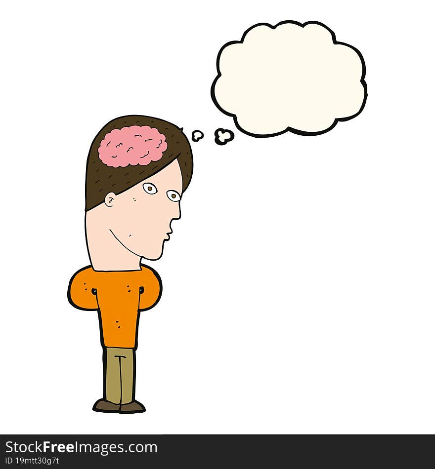 cartoon man with big brain with thought bubble