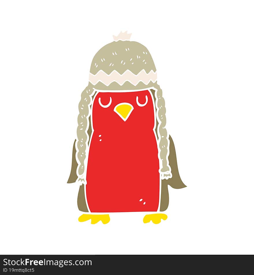 flat color illustration of robin wearing winter hat. flat color illustration of robin wearing winter hat