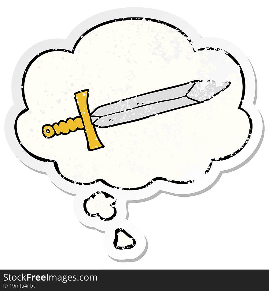 cartoon sword and thought bubble as a distressed worn sticker