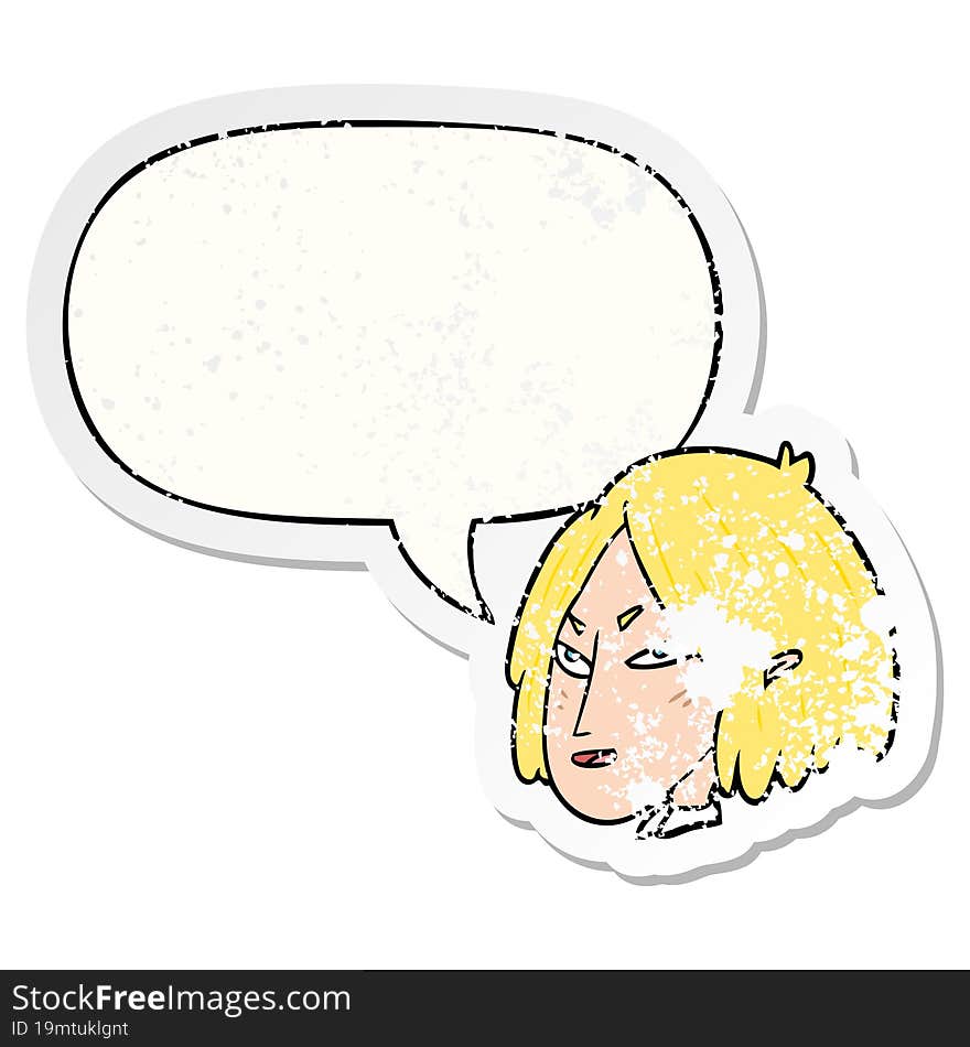 cartoon woman and speech bubble distressed sticker