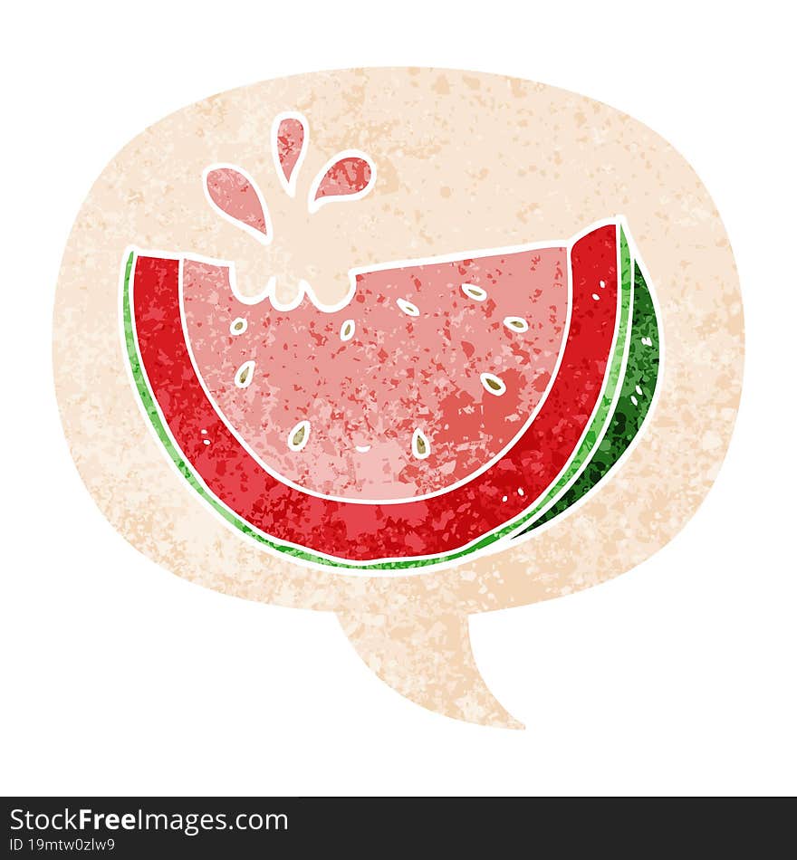 cartoon watermelon and speech bubble in retro textured style