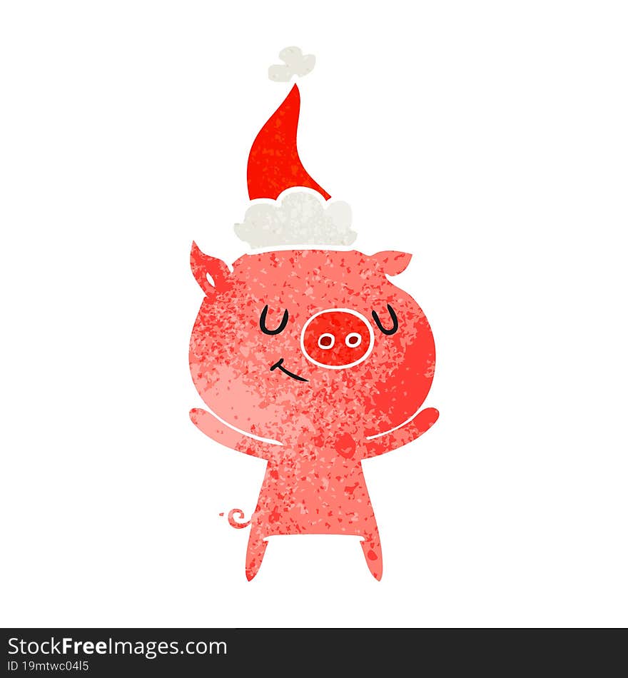 happy hand drawn retro cartoon of a pig wearing santa hat. happy hand drawn retro cartoon of a pig wearing santa hat