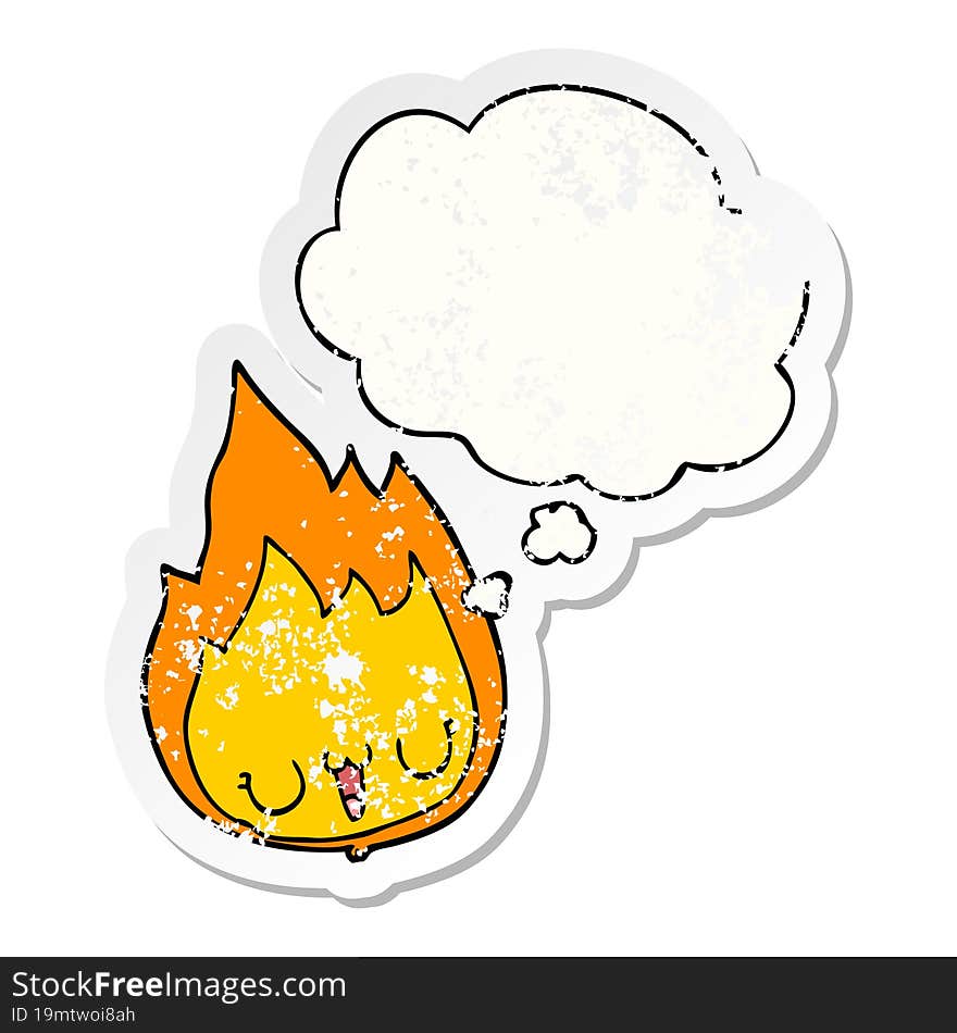 cartoon flame with face and thought bubble as a distressed worn sticker