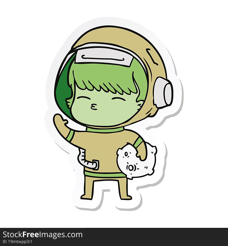 sticker of a cartoon curious astronaut carrying space rock