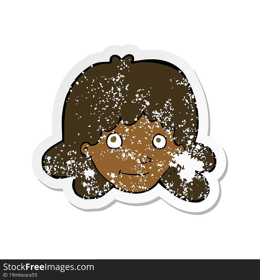 retro distressed sticker of a cartoon happy female face