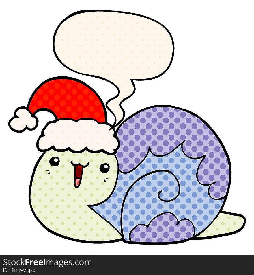 cute cartoon christmas snail and speech bubble in comic book style